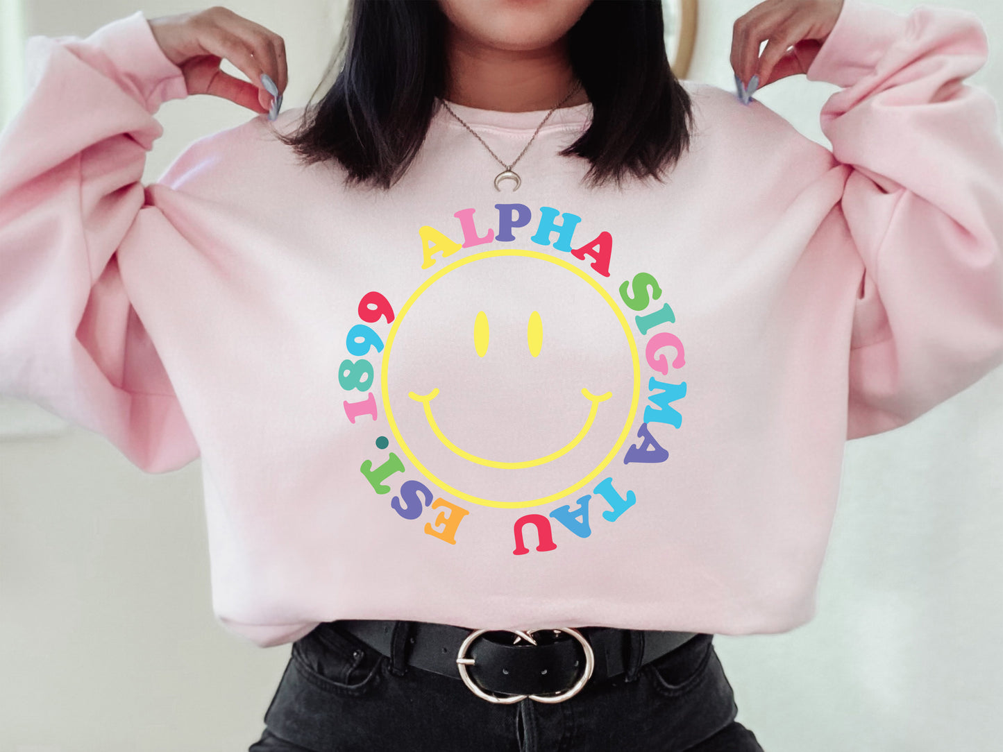 Alpha Sigma Tau Radiating Smiley Face Sorority Sweatshirt _ 3234g