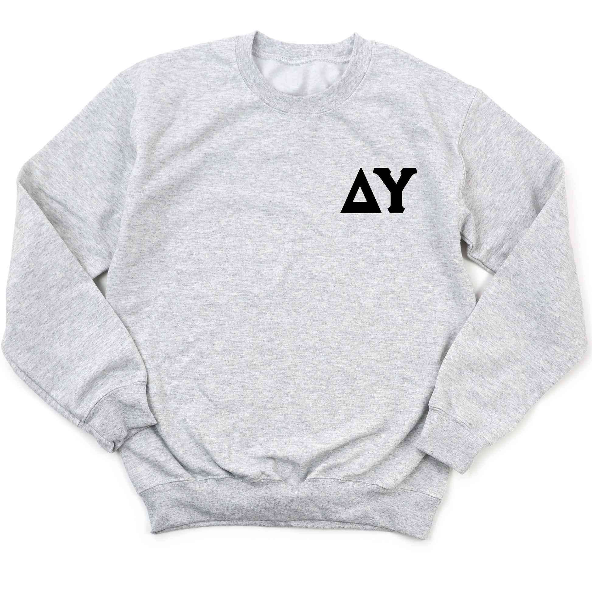 a grey sweatshirt with a black logo on it