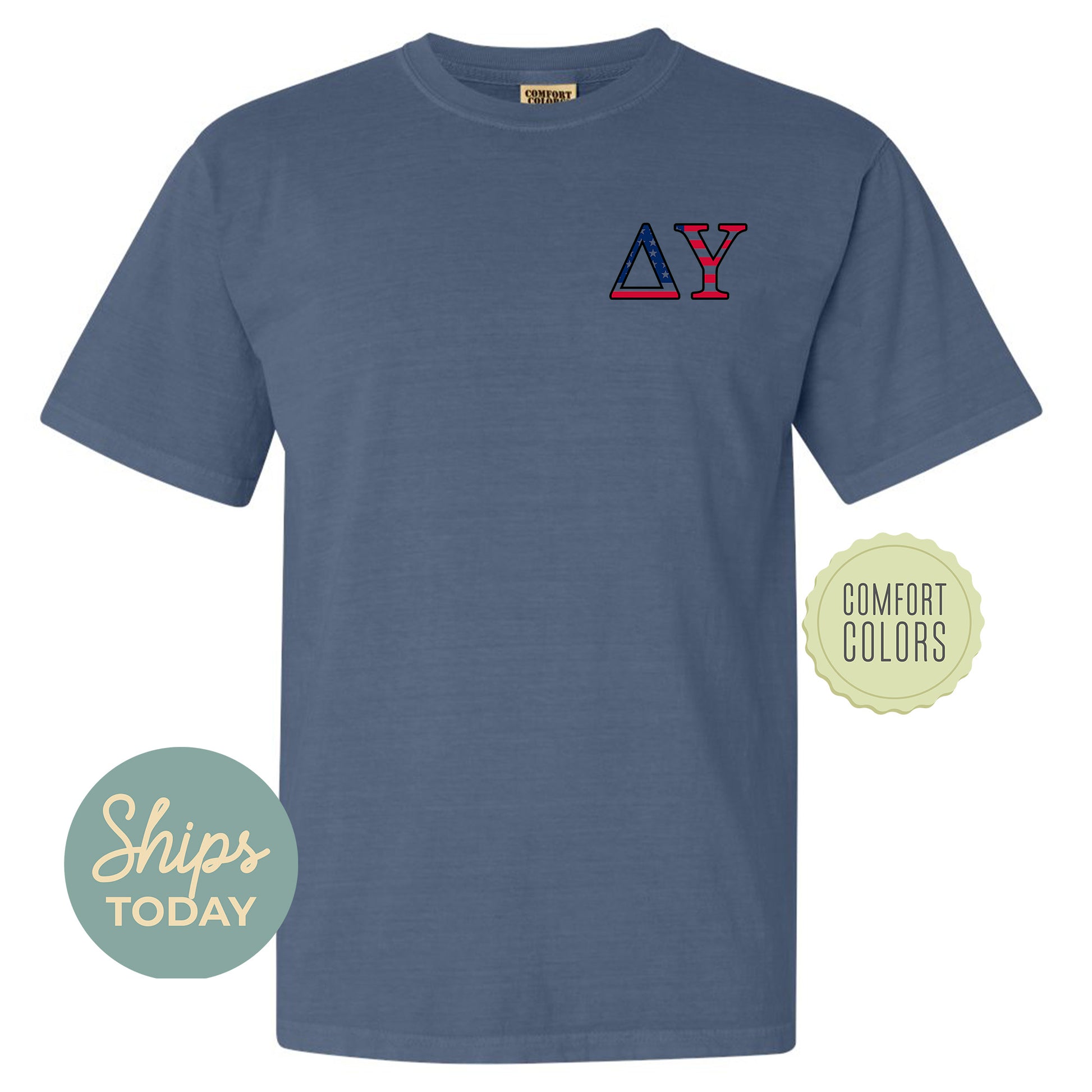 a blue t - shirt with the letters a and y printed on it