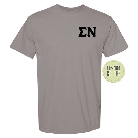 a grey t - shirt with a black zn logo on it