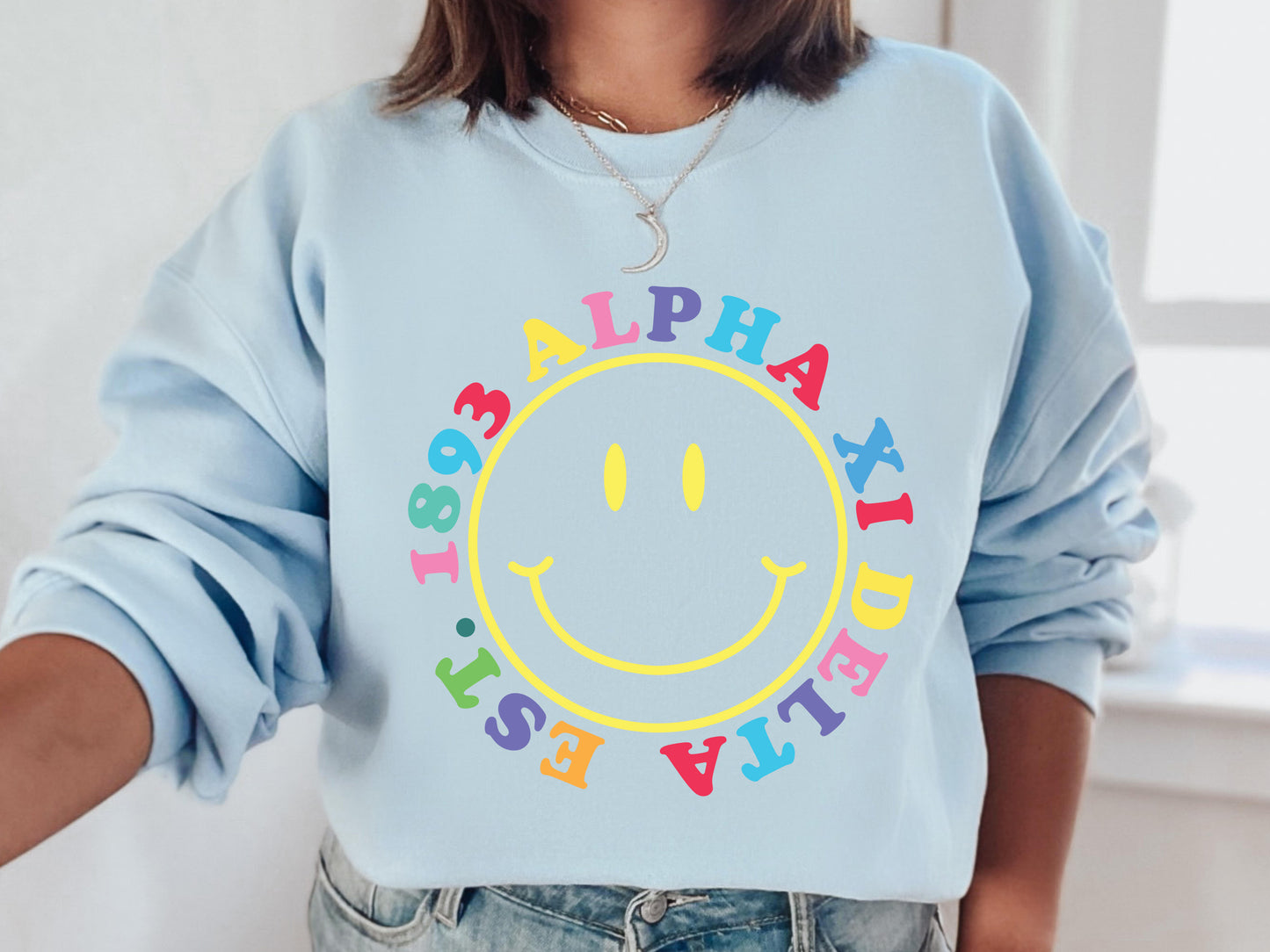Alpha Xi Delta Radiating Smiley Face Sorority Sweatshirt _ 3235g