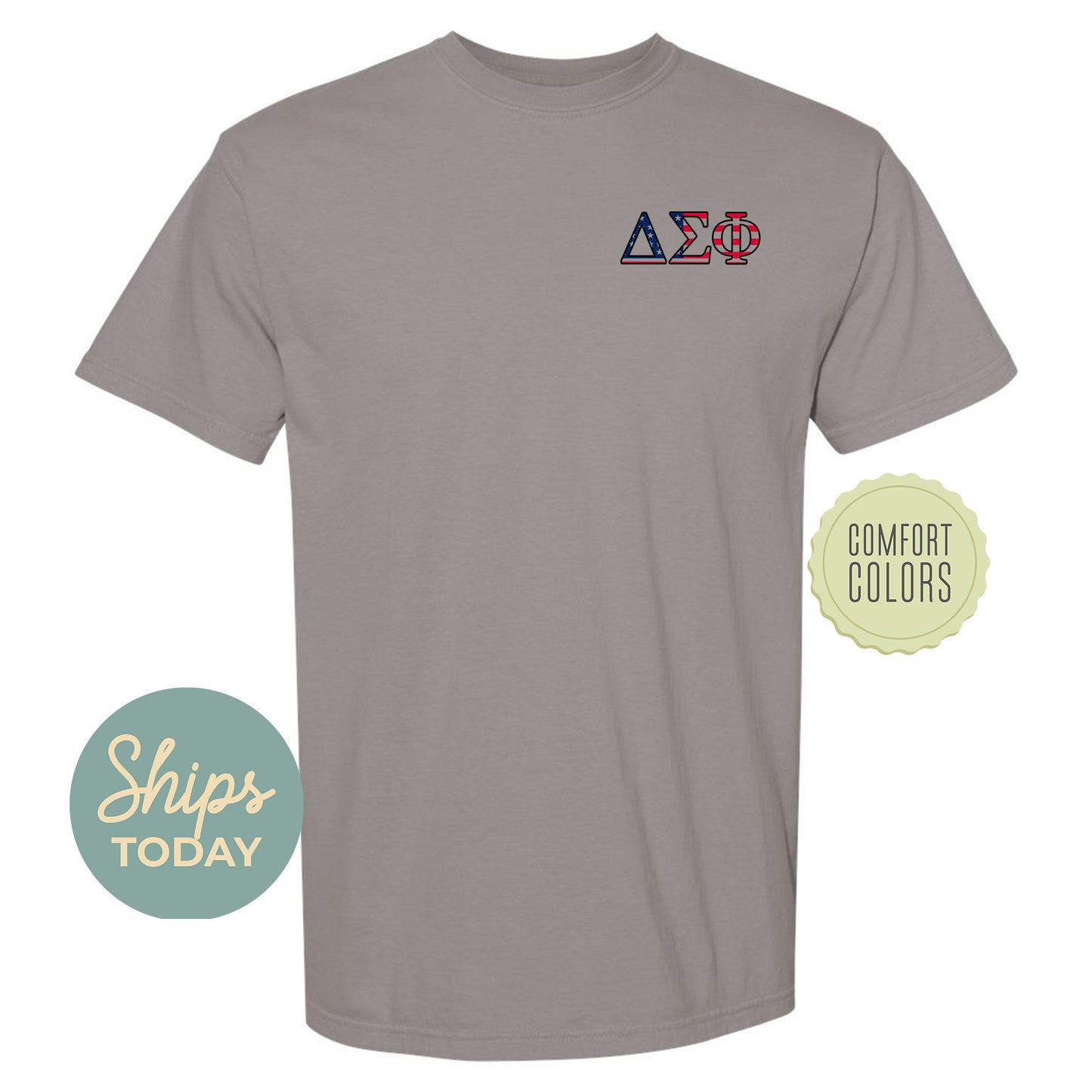 a gray shirt with a blue and red logo on it