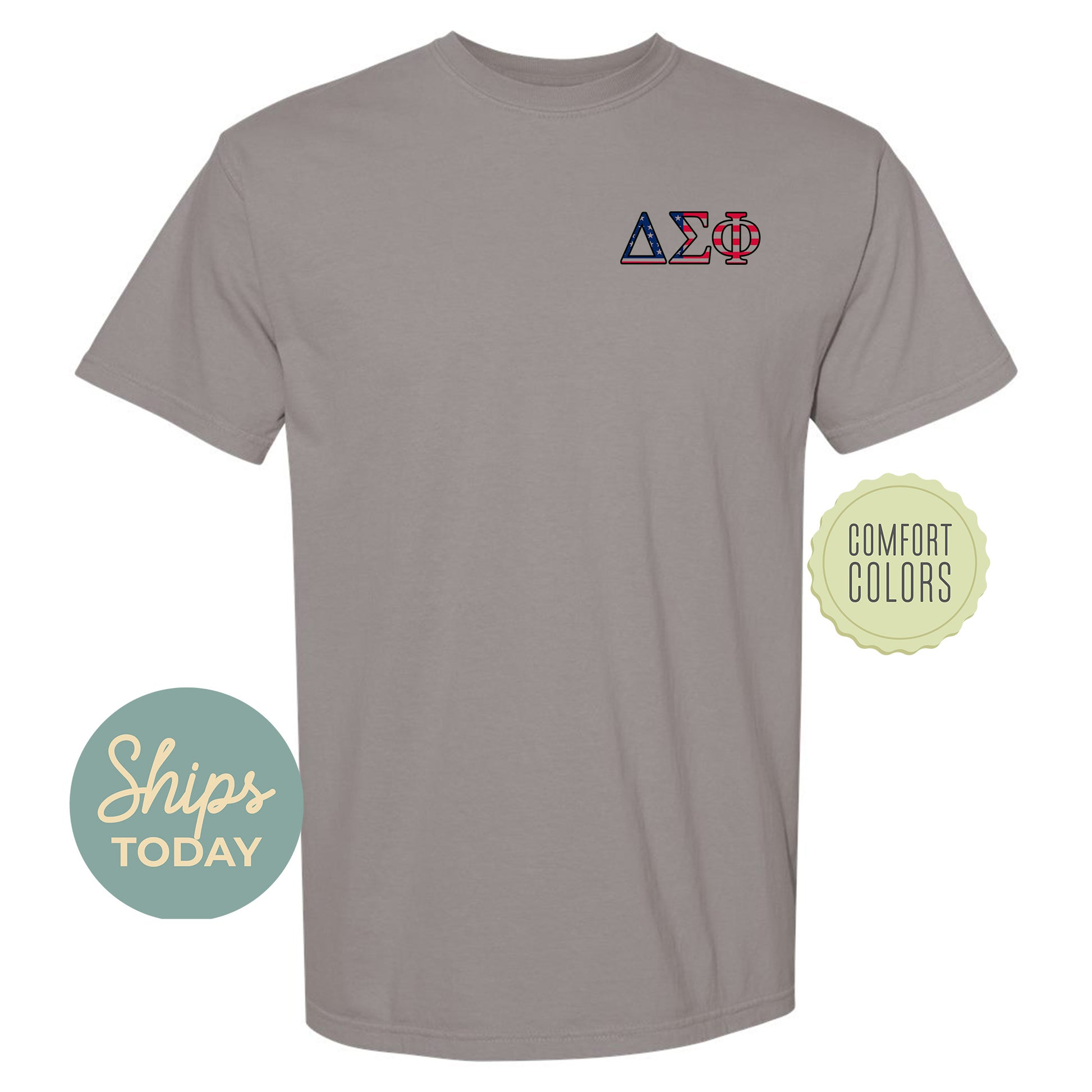 a gray shirt with a blue and red logo on it