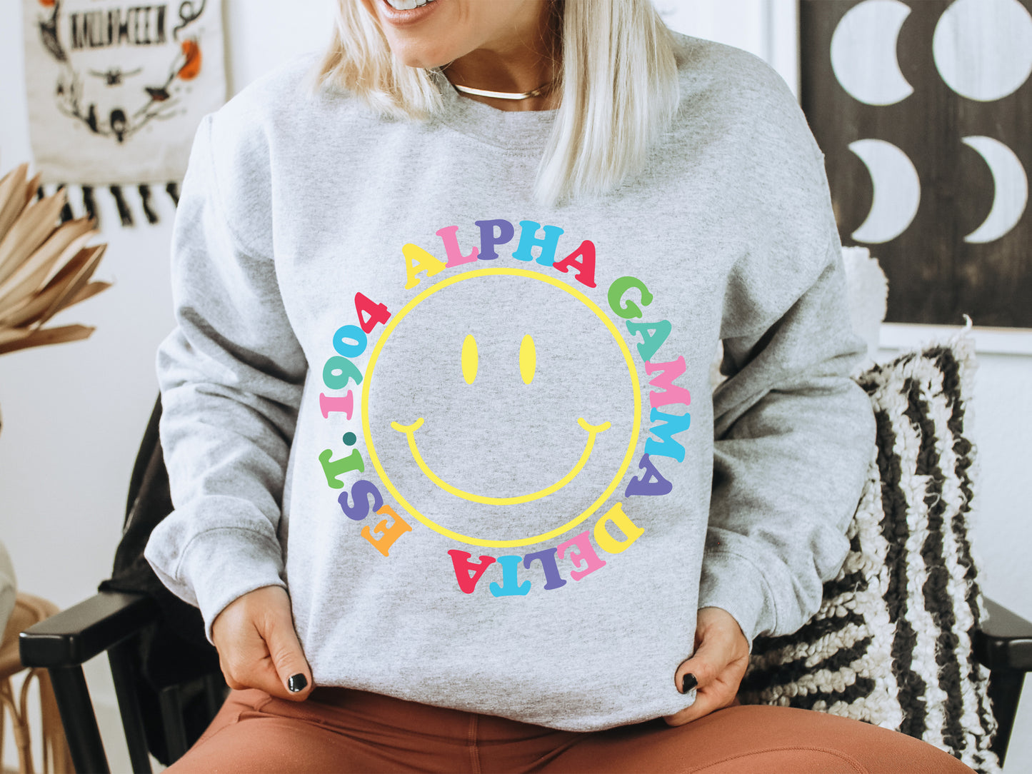 Alpha Gamma Delta Radiating Smiley Face Sorority Sweatshirt _ 3230g