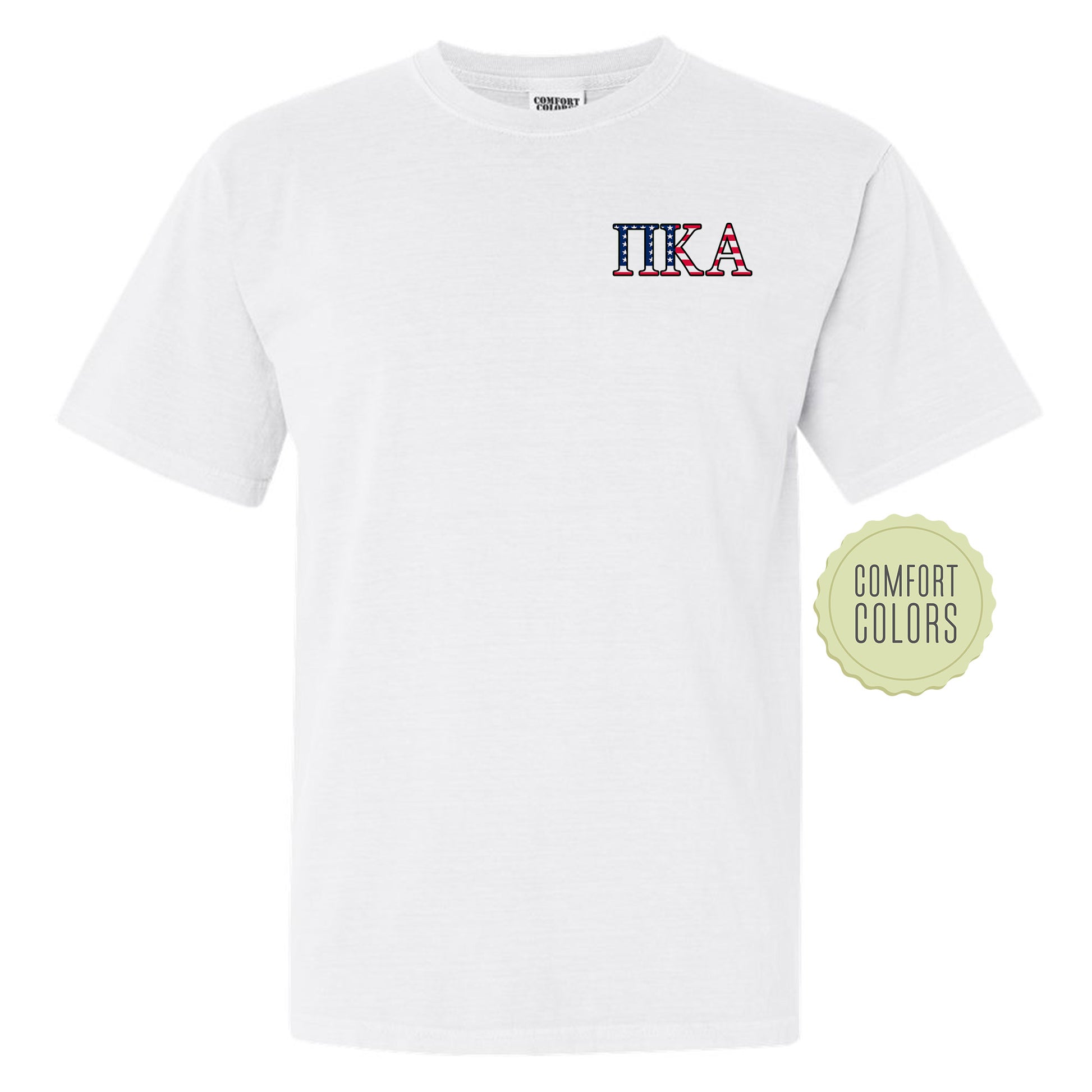 a white t - shirt with the word usa in red, white, and blue