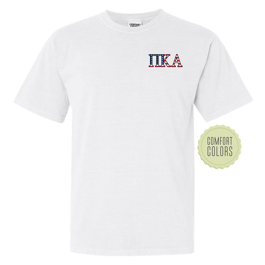 a white t - shirt with the word usa in red, white, and blue