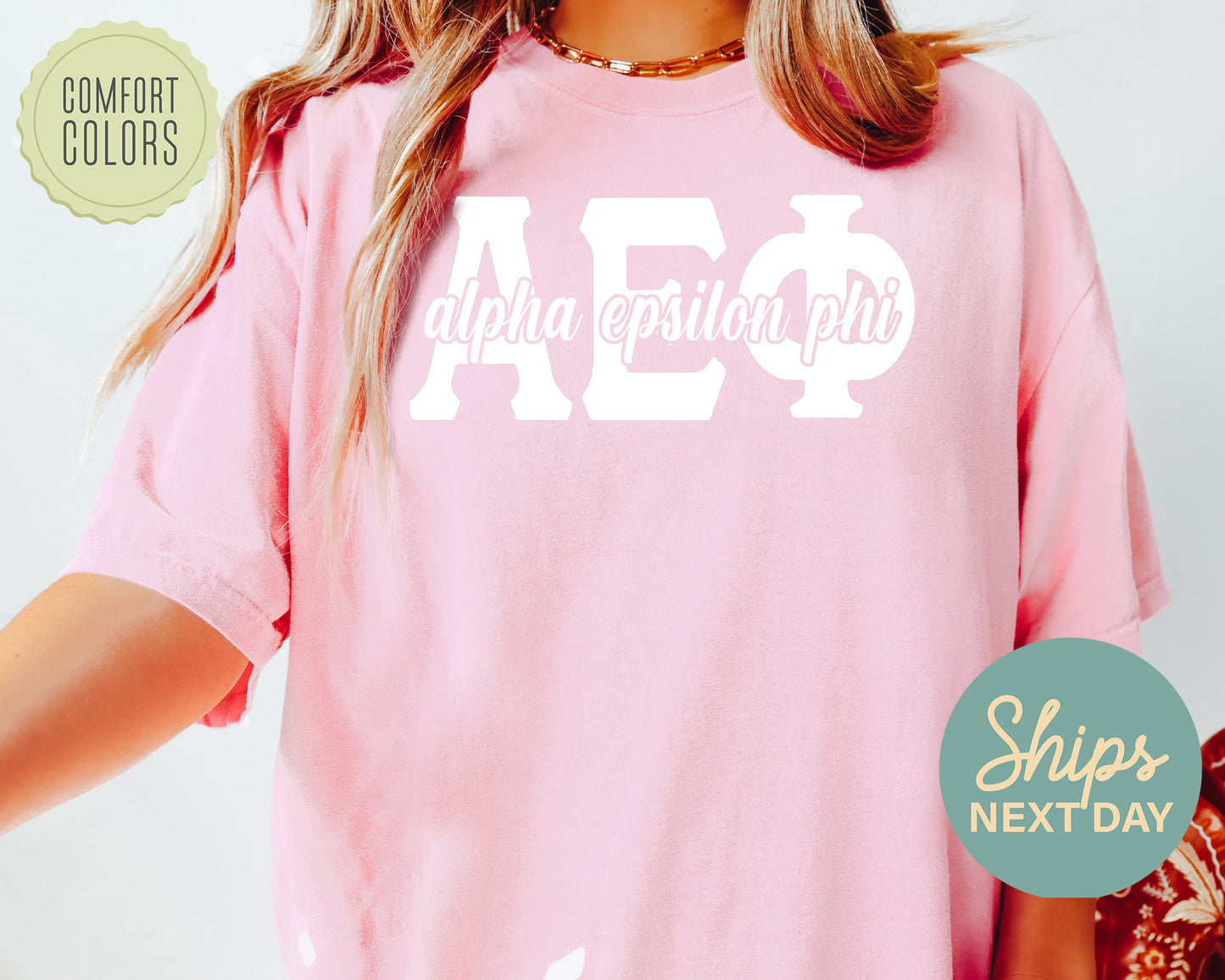 Alpha Epsilon Phi Sliced White Letters Comfort Colors Sorority T-shirt _ 2240g
