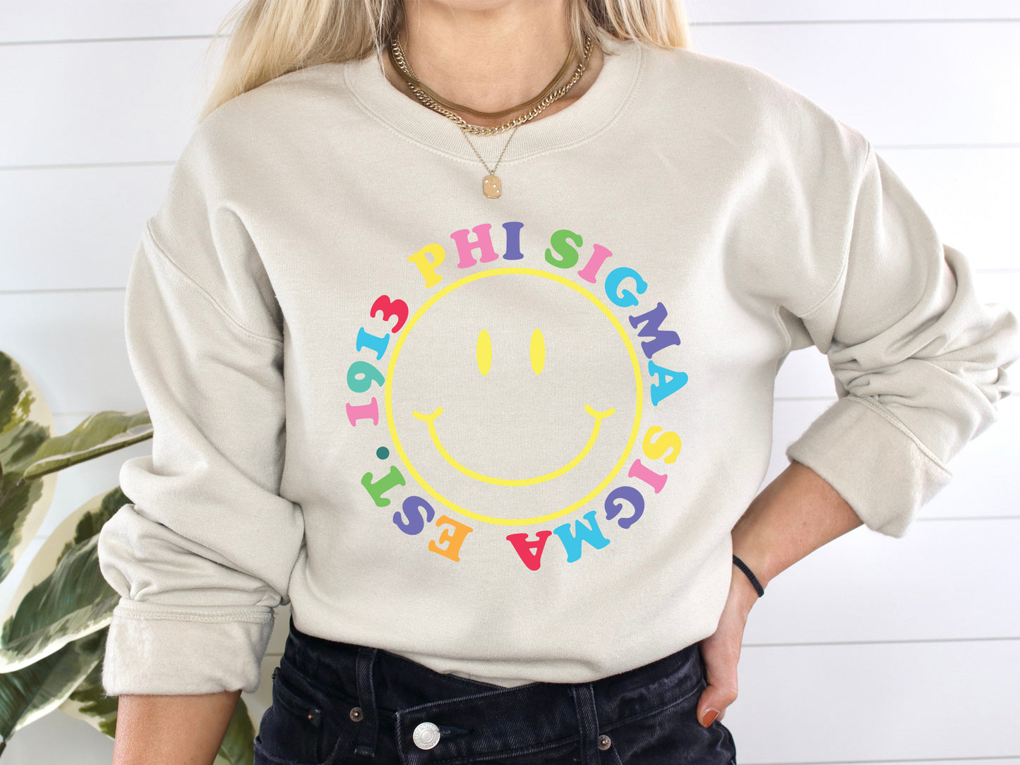 Phi Sigma Sigma Radiating Smiley Face Sorority Sweatshirt _ 3248g