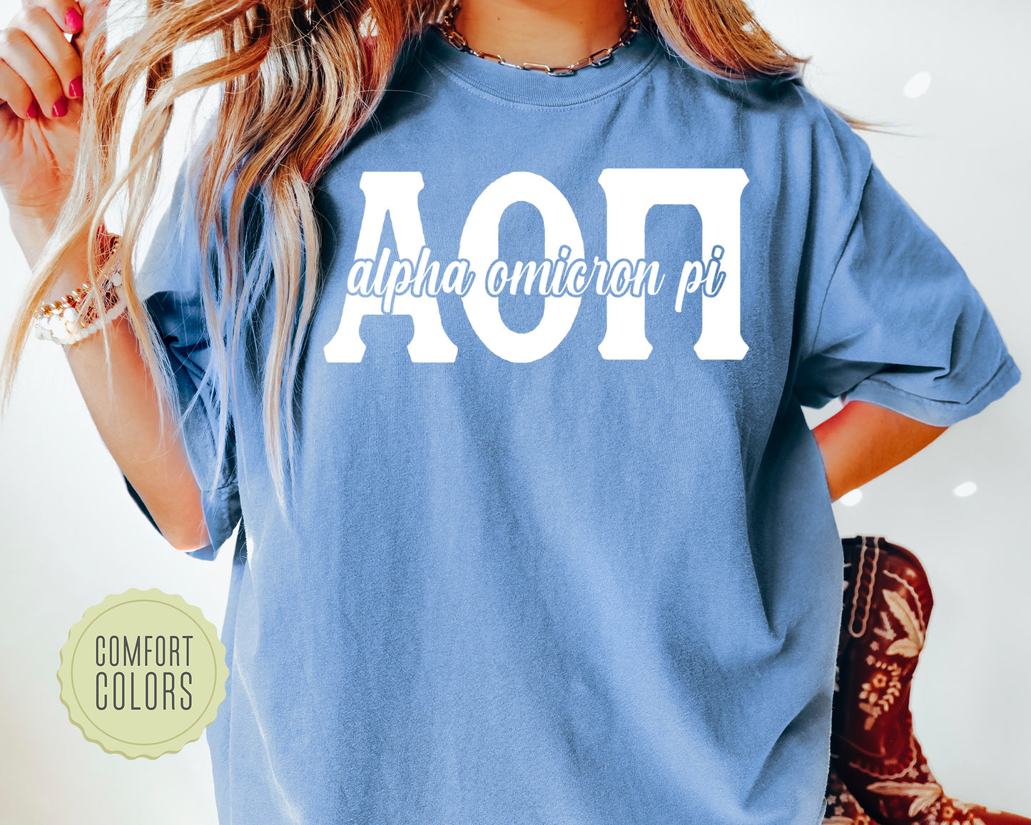 Alpha Omicron Pi Sliced White Letters Comfort Colors Sorority T-shirt _ 2242g