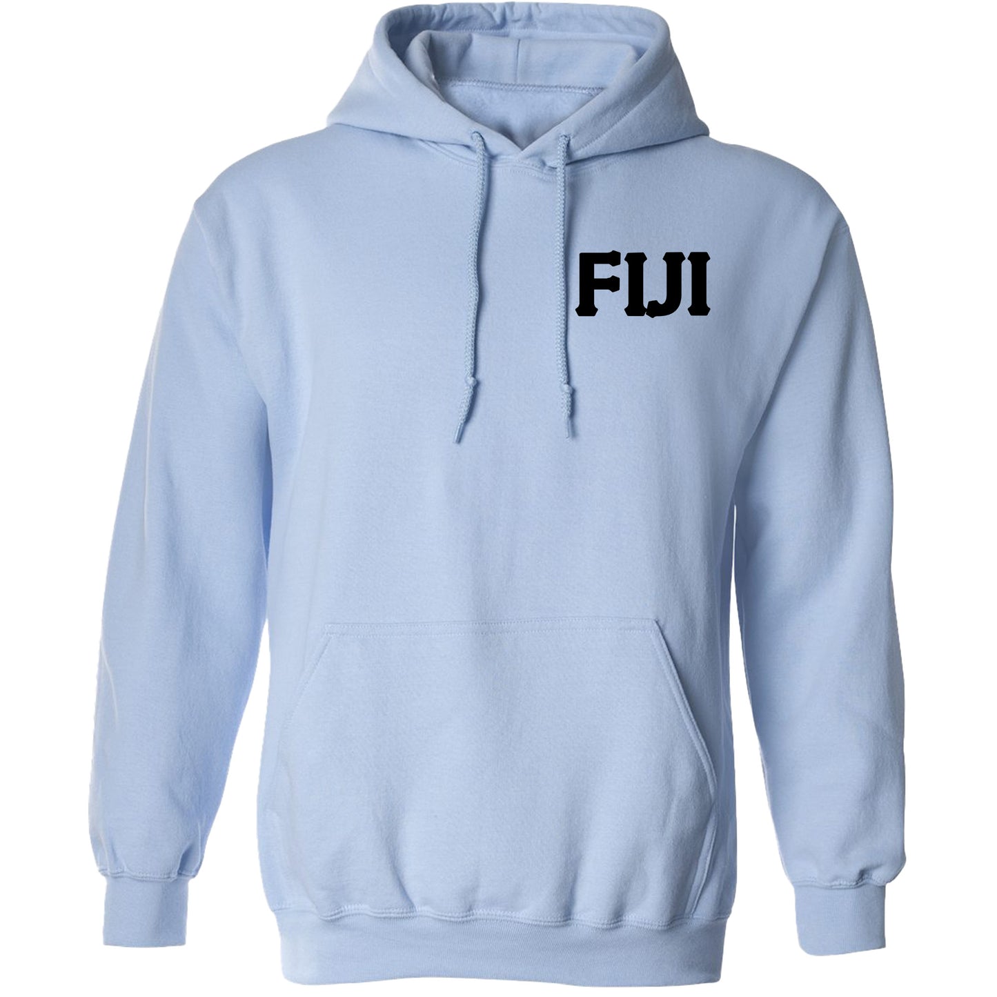 a light blue hoodie with the word flu on it