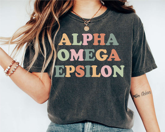 Alpha Omega Epsilon Bright and Colorful Sorority T-shirt _ 3468g