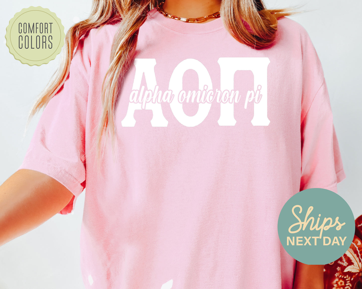 Alpha Omicron Pi Sliced White Letters Comfort Colors Sorority T-shirt _ 2242g