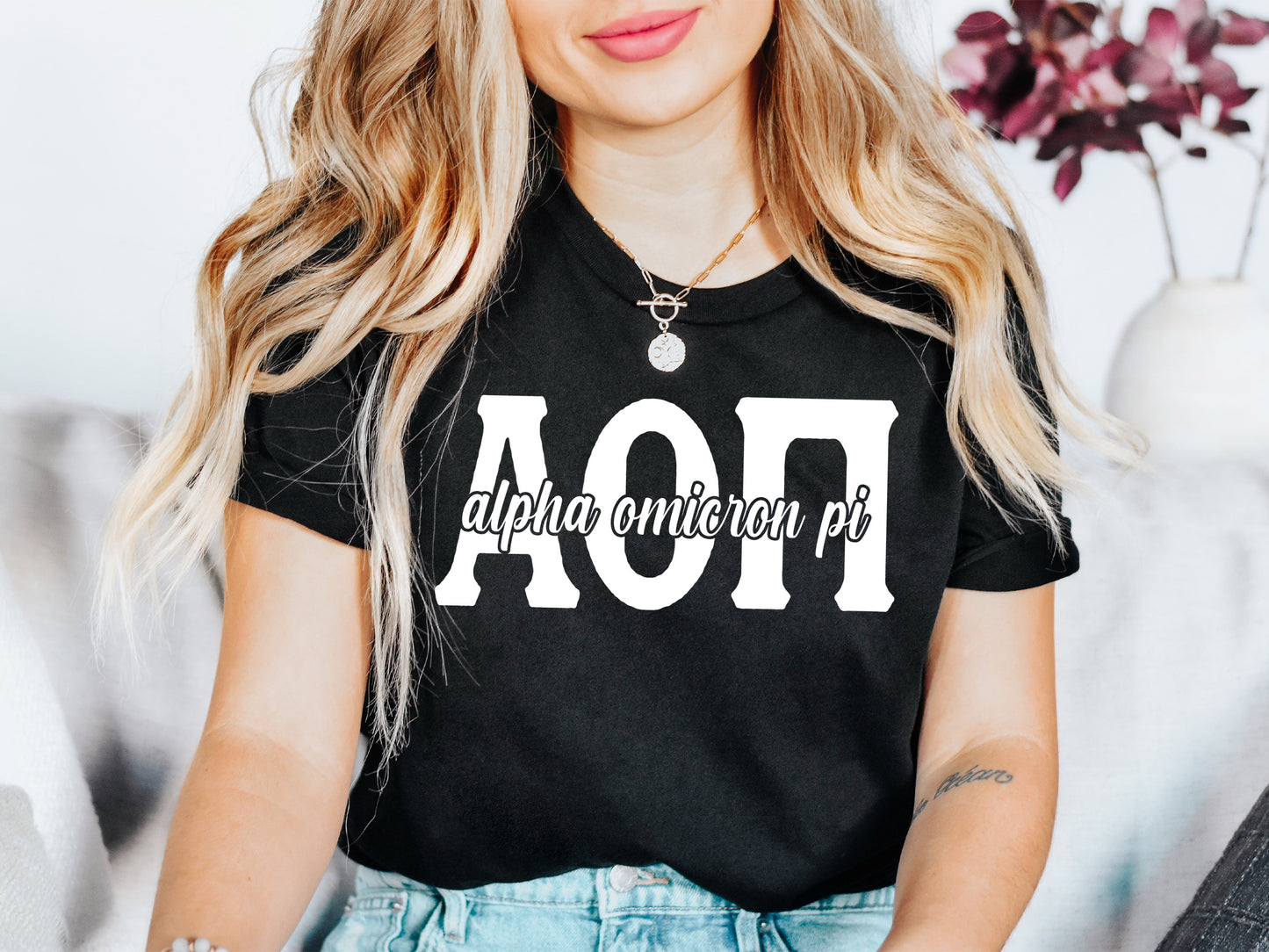 Alpha Omicron Pi Sliced White Letters Sorority T-shirt _ 2242g