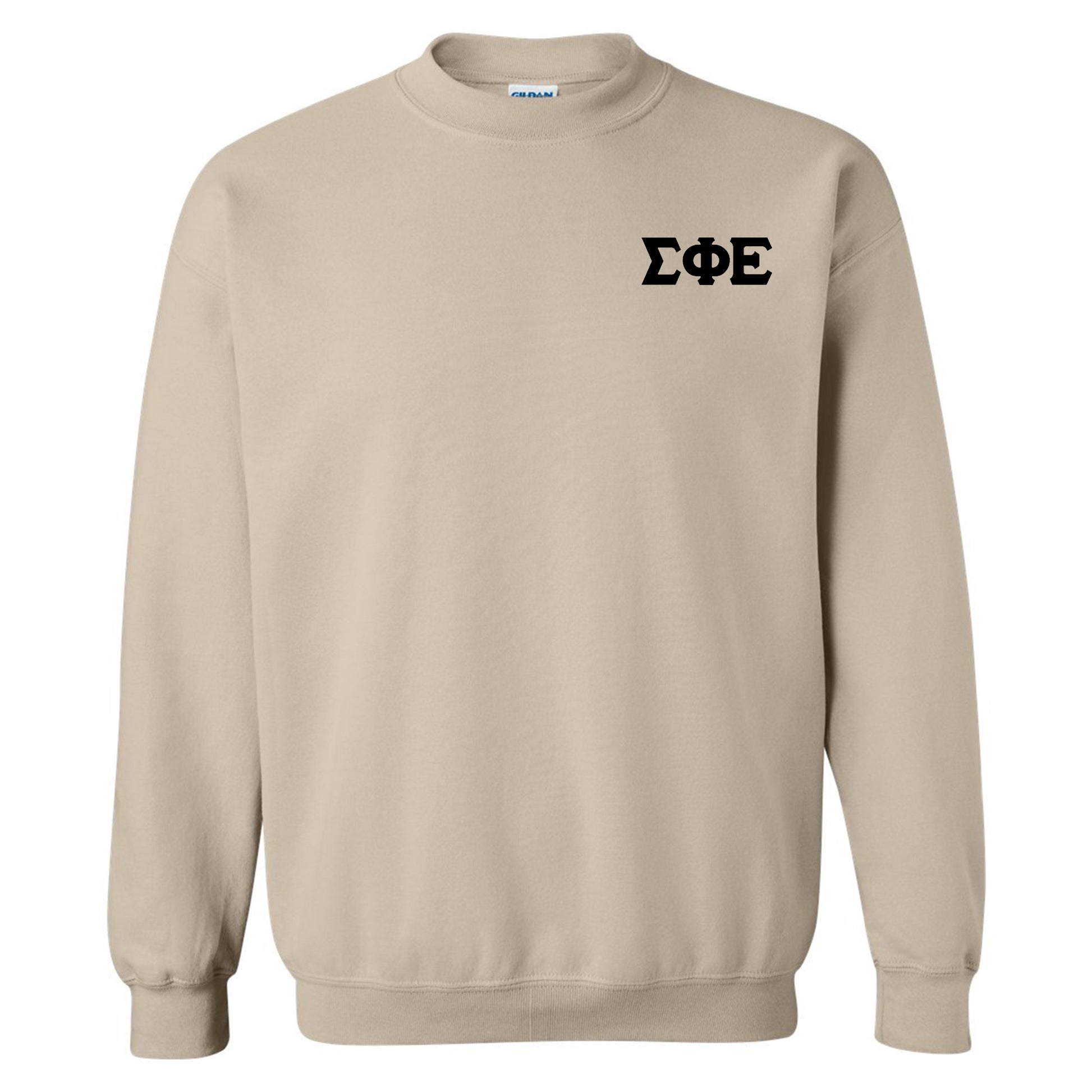 a beige sweatshirt with a black logo on it