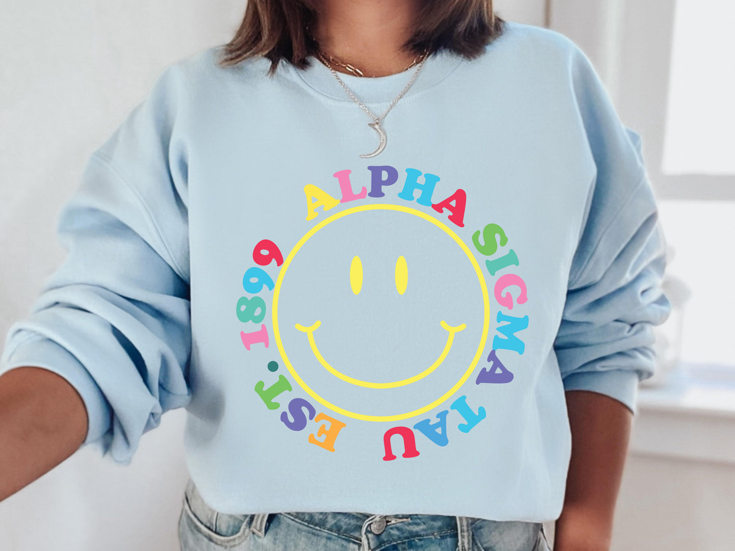 Alpha Sigma Tau Radiating Smiley Face Sorority Sweatshirt _ 3234g