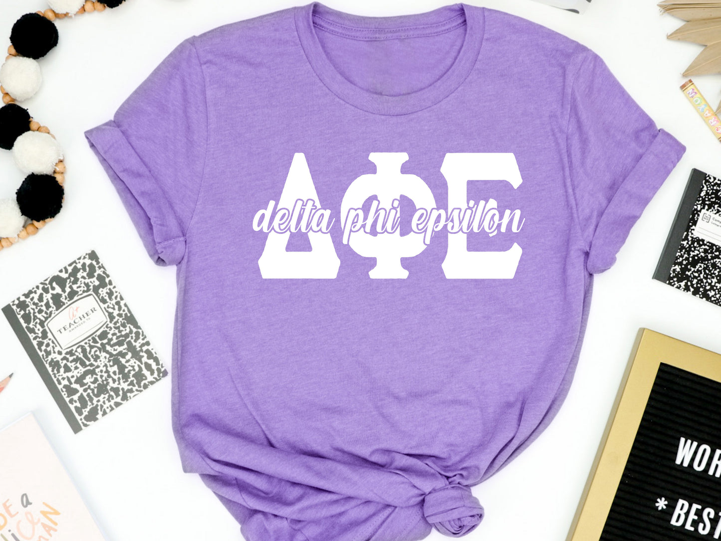 Delta Phi Epsilon Sliced White Letters Sorority T-shirt _ 2250g