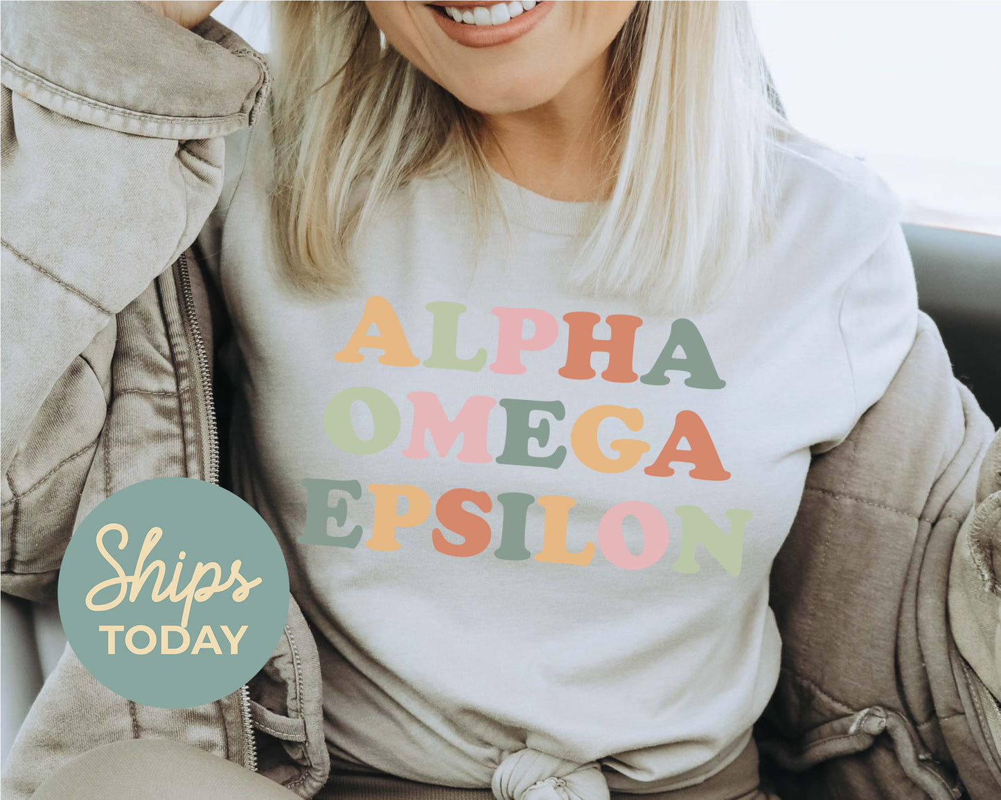Alpha Omega Epsilon Bright and Colorful Sorority T-shirt _ 3468g