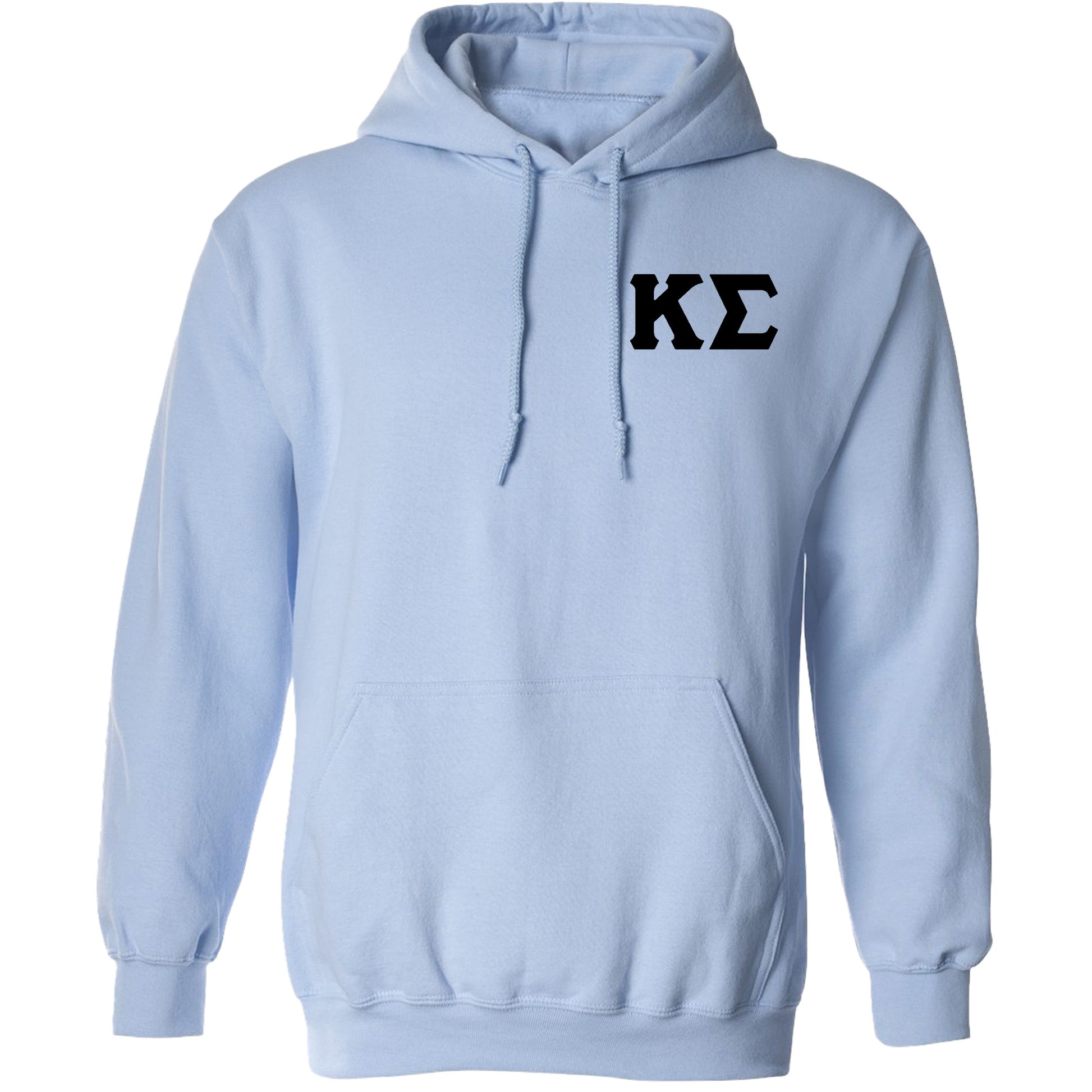 a light blue hoodie with the letter k e on it