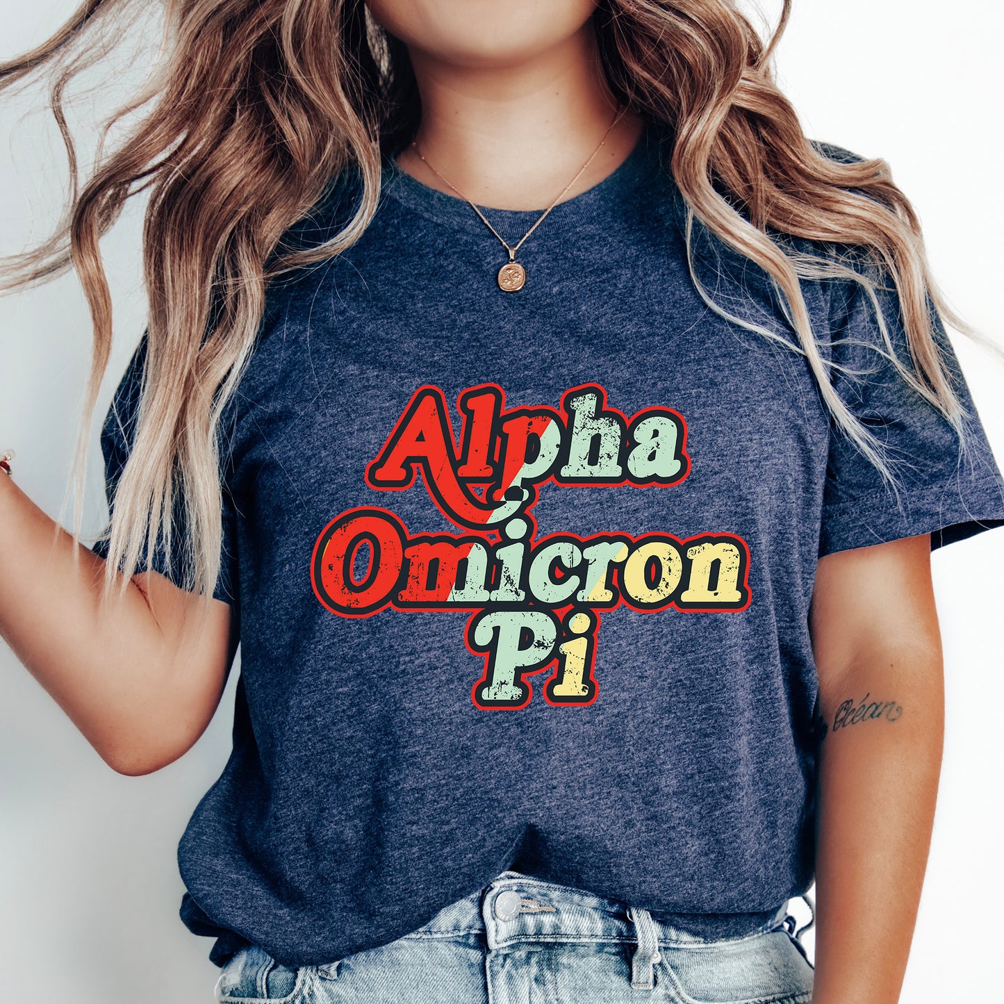 a woman wearing a shirt that says alpha onion pi