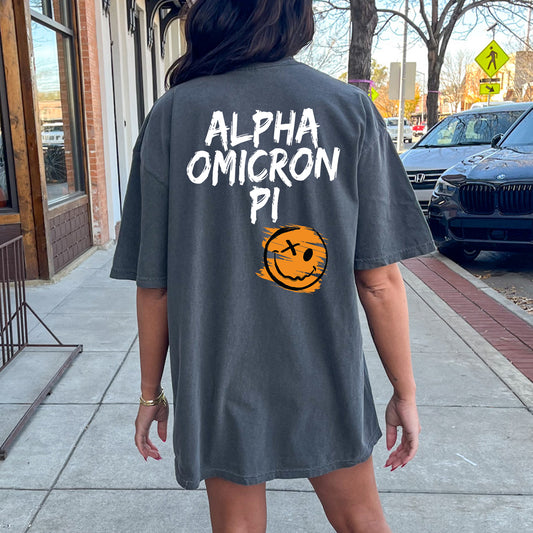 a woman walking down a sidewalk with a shirt on