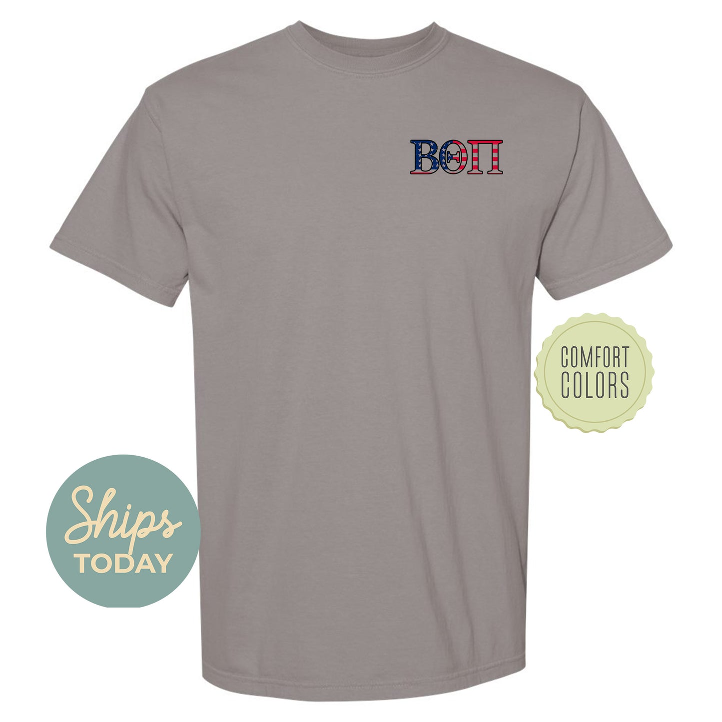 a gray t - shirt with a red, white, and blue logo