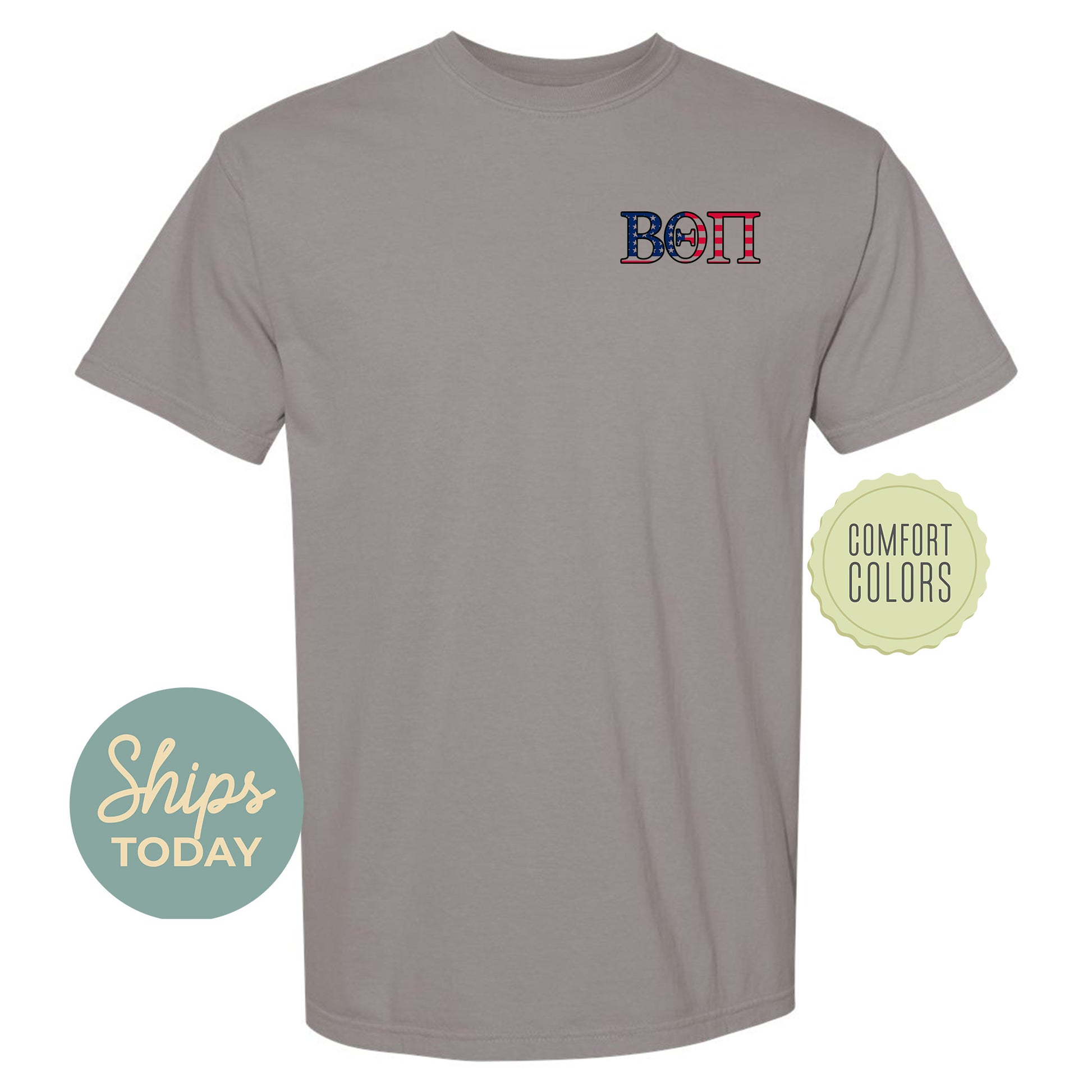 a gray t - shirt with a red, white, and blue logo