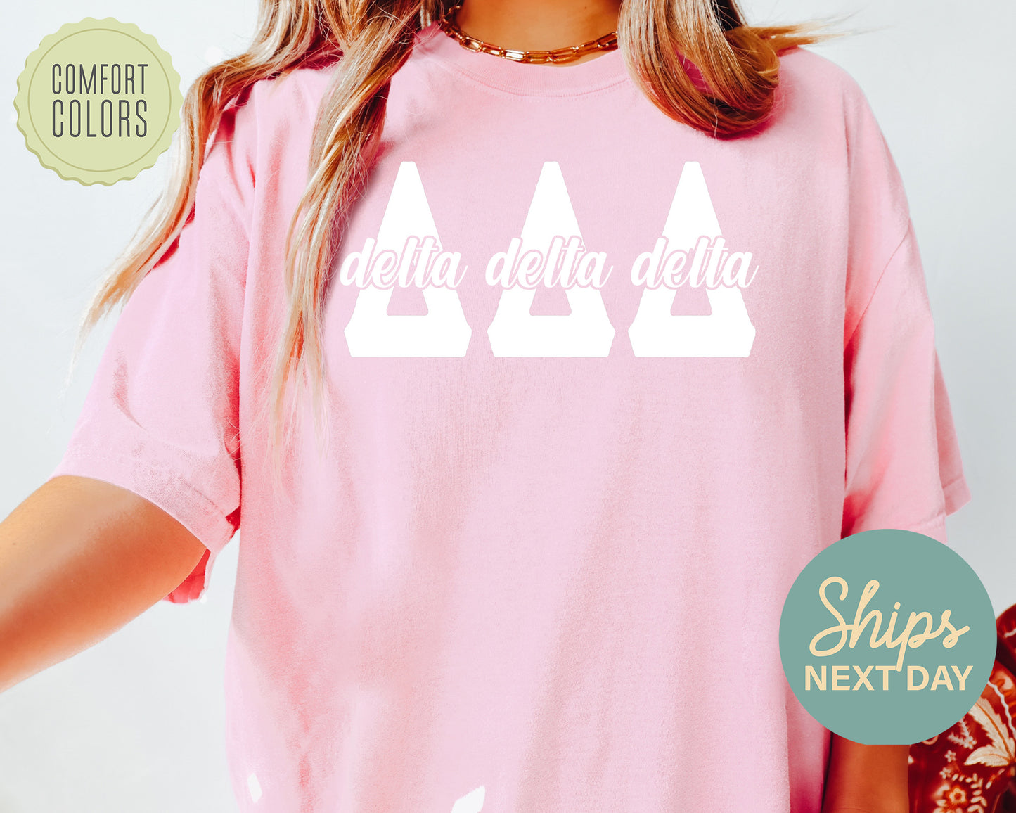 Delta Delta Delta Sliced White Letters Comfort Colors Sorority T-shirt _ 2248g