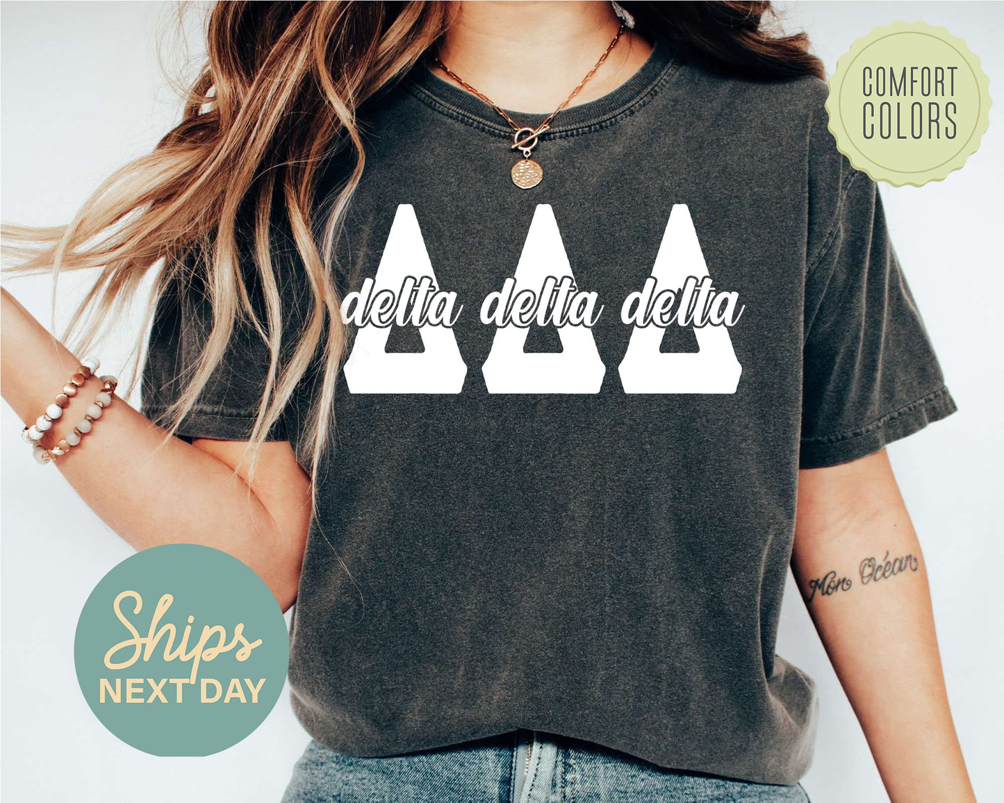 Delta Delta Delta Sliced White Letters Comfort Colors Sorority T-shirt _ 2248g