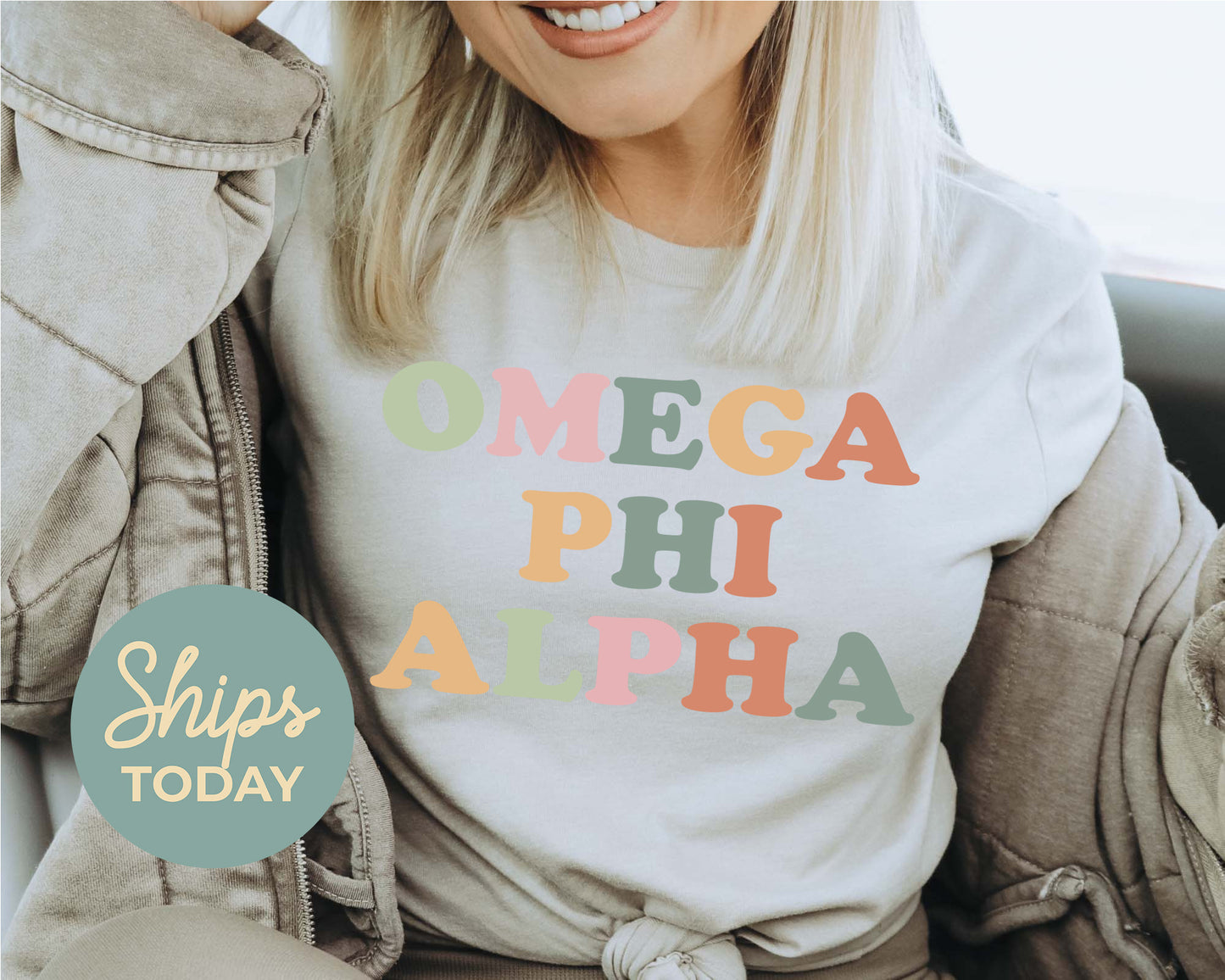 Omega Phi Alpha Bright and Colorful Sorority T-shirt _ 3476g