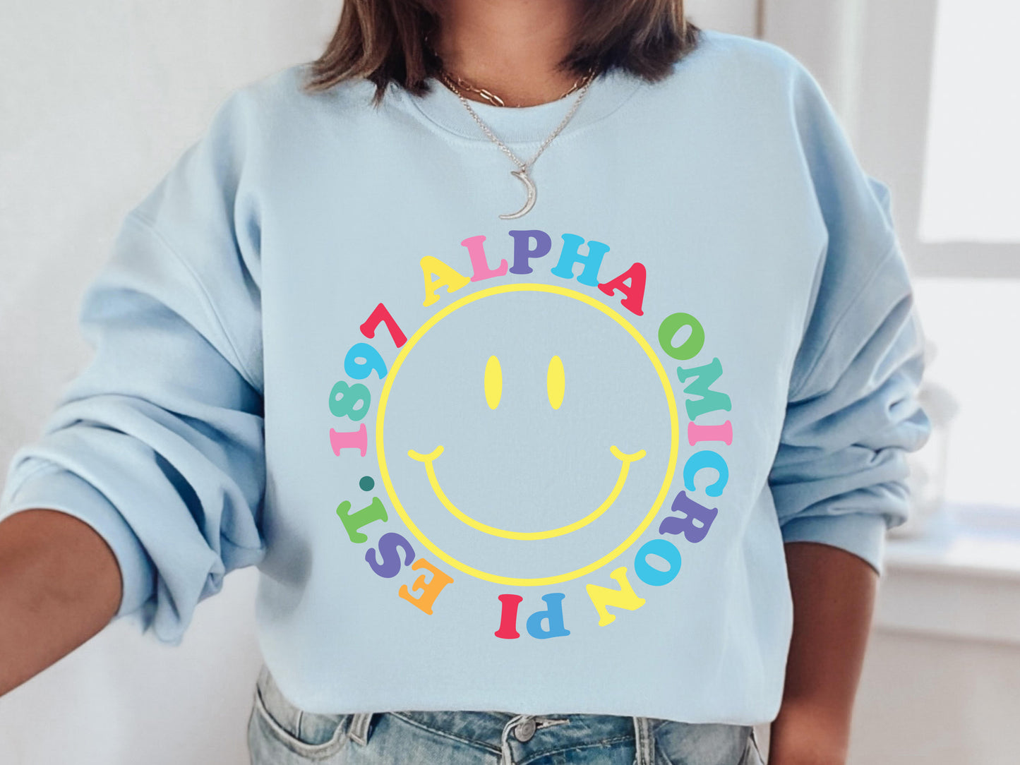 Alpha Omicron Pi Radiating Smiley Face Sorority Sweatshirt _ 3231g