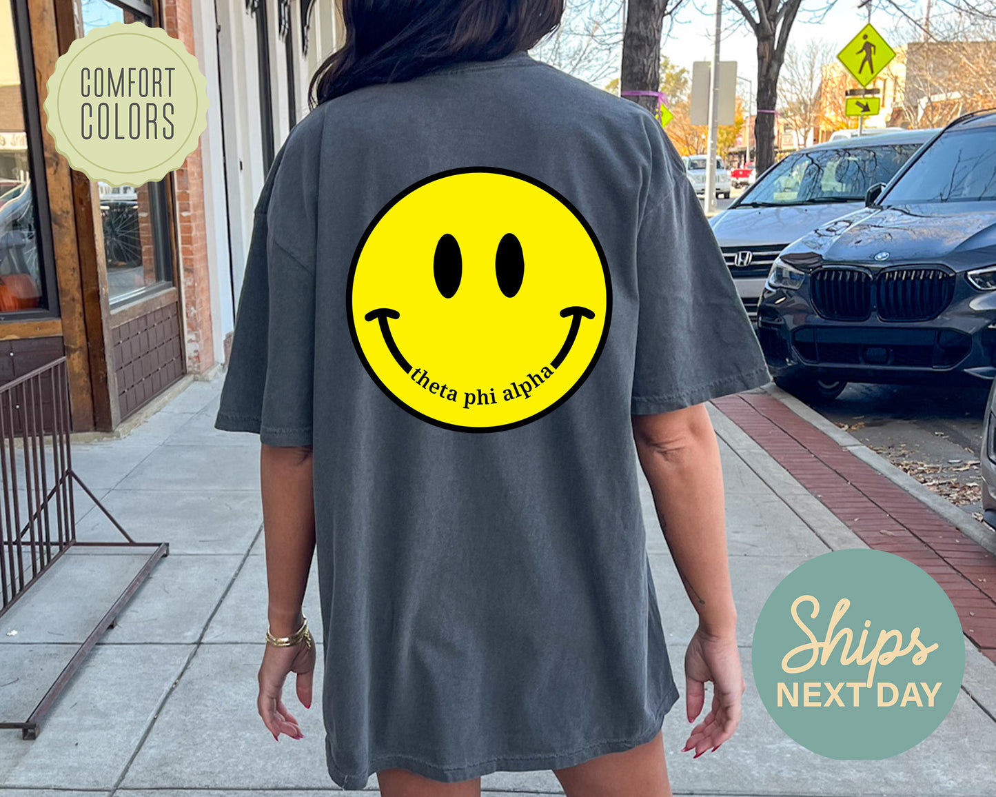 Theta Phi Alpha Smiley Face Comfort Colors Sorority T-shirt _ 32866g