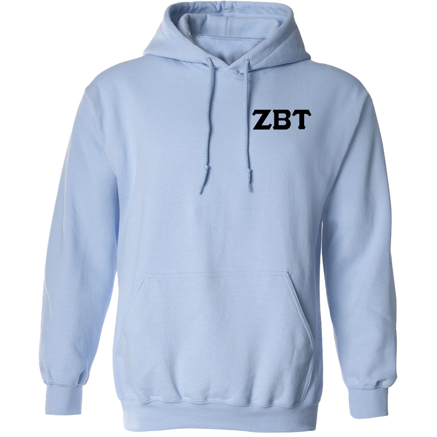 a light blue hoodie with the word zbtt printed on it