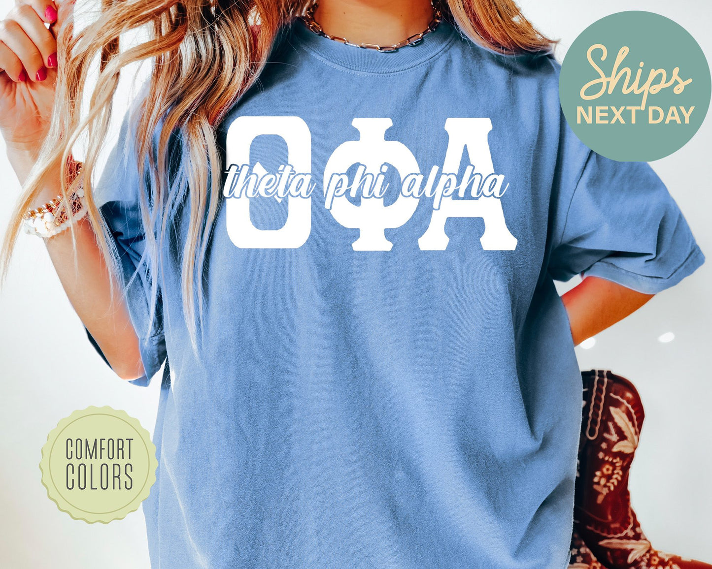 Theta Phi Alpha Sliced White Letters Comfort Colors Sorority T-shirt _ 2262g
