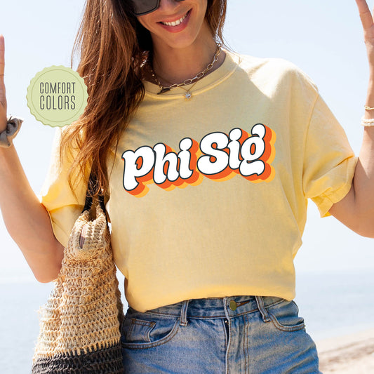 a woman wearing a shirt that says phi sid