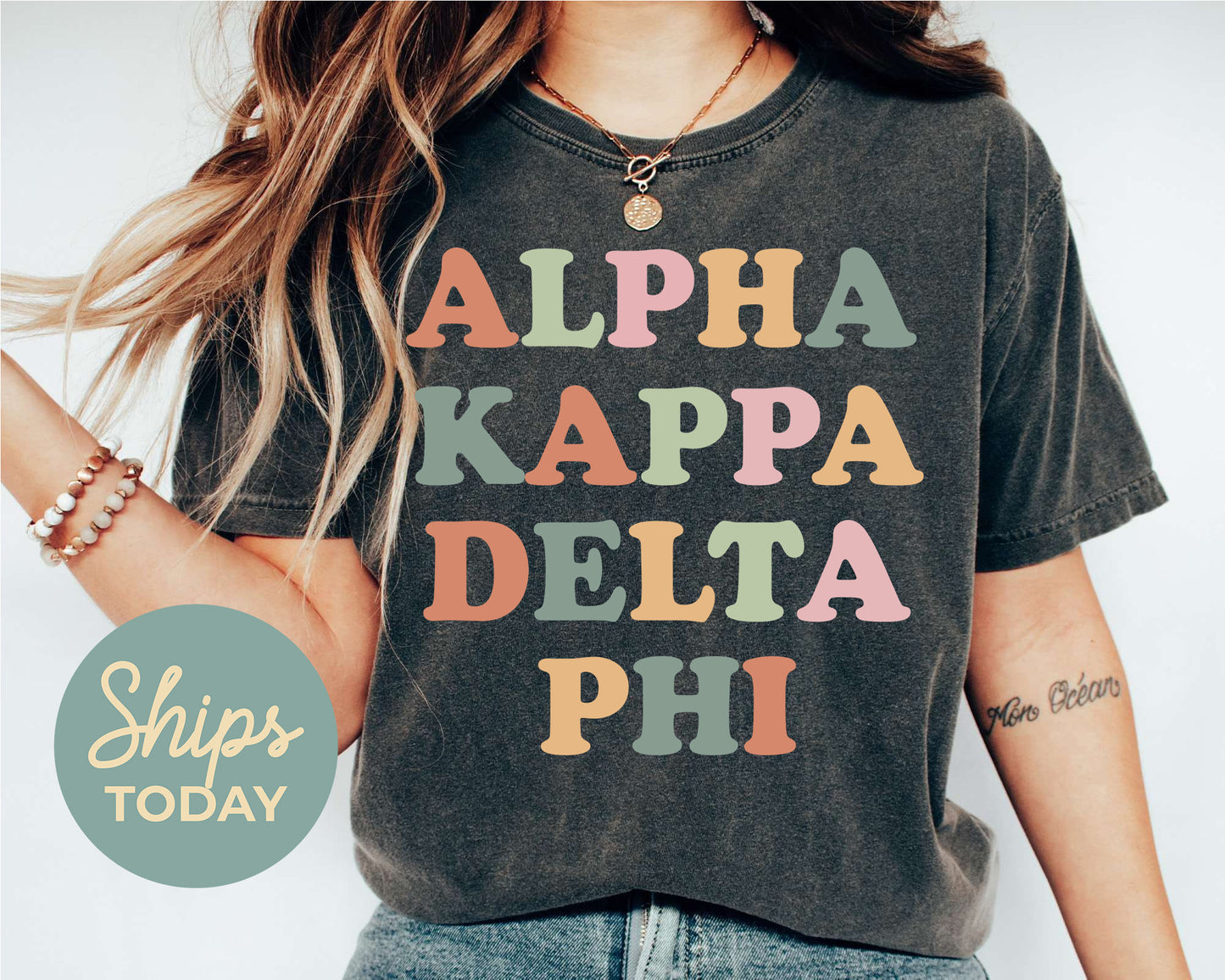 Alpha Kappa Delta Phi Bright and Colorful Sorority T-shirt _ 3467g