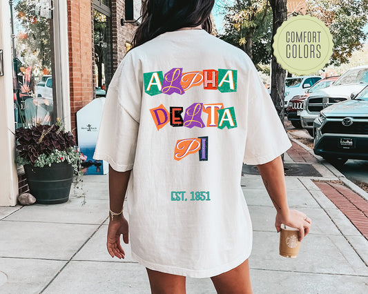 Alpha Delta Pi Letter Cuts Comfort Colors Sorority T-shirt _ 35888g
