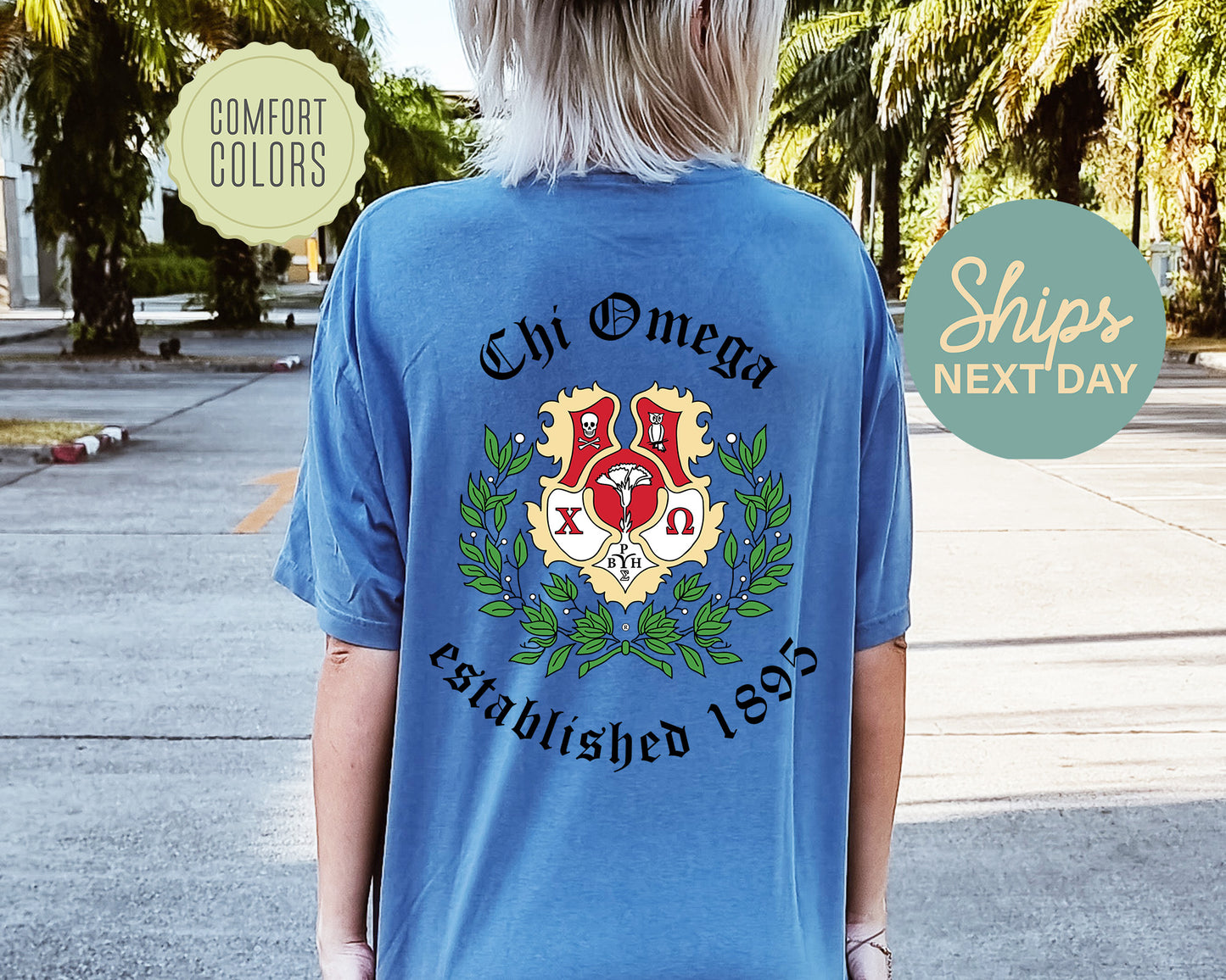 Chi Omega Old English Crest Comfort Colors Sorority T-shirt _ 32929g