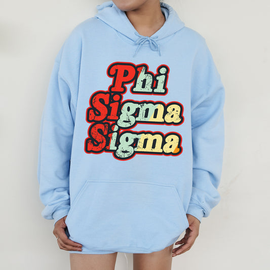 a person wearing a blue hoodie that says phi sigma sigma