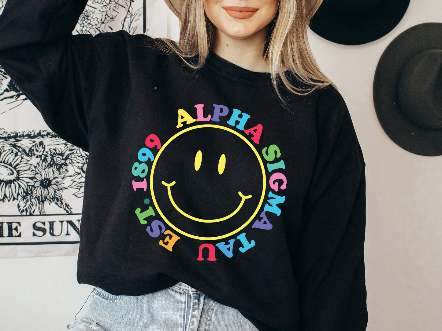 Alpha Sigma Tau Radiating Smiley Face Sorority Sweatshirt _ 3234g