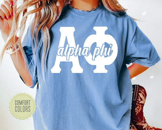 Alpha Phi Sliced White Letters Comfort Colors Sorority T-shirt _ 2243g