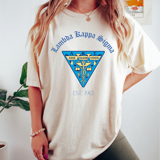 a woman wearing a t - shirt with a blue triangle on it