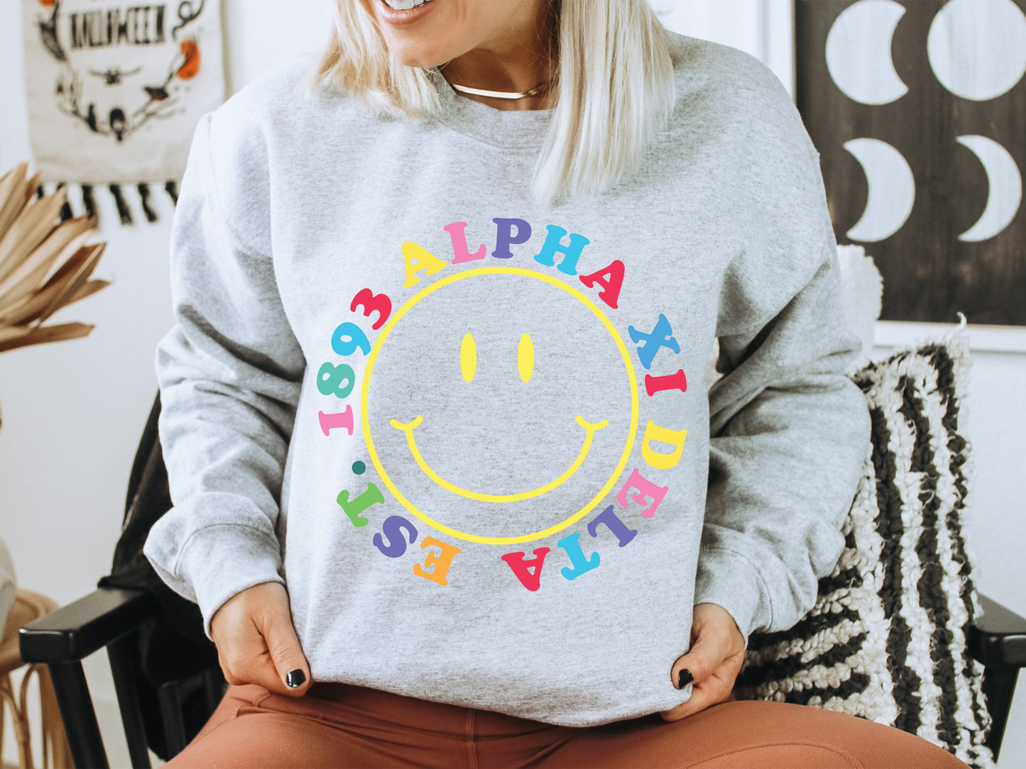 Alpha Xi Delta Radiating Smiley Face Sorority Sweatshirt _ 3235g