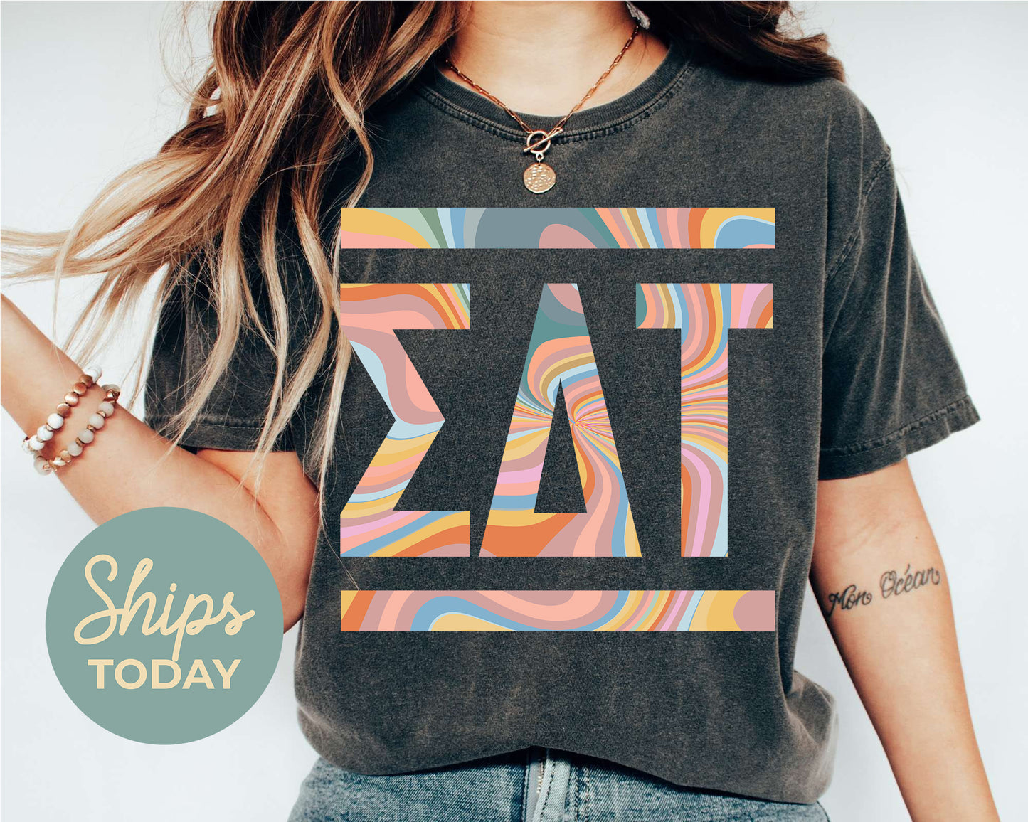 Sigma Delta Tau Multicolor Letters Sorority T-shirt _ 30482g