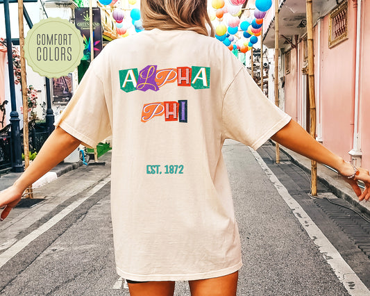 Alpha Phi Letter Cuts Comfort Colors Sorority T-shirt _ 35892g