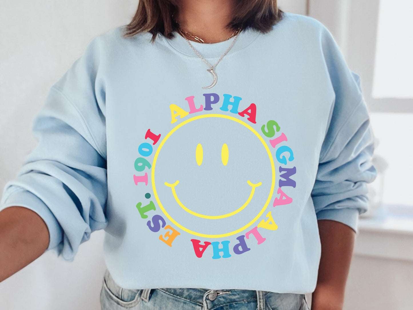 Alpha Sigma Alpha Radiating Smiley Face Sorority Sweatshirt _ 3233g