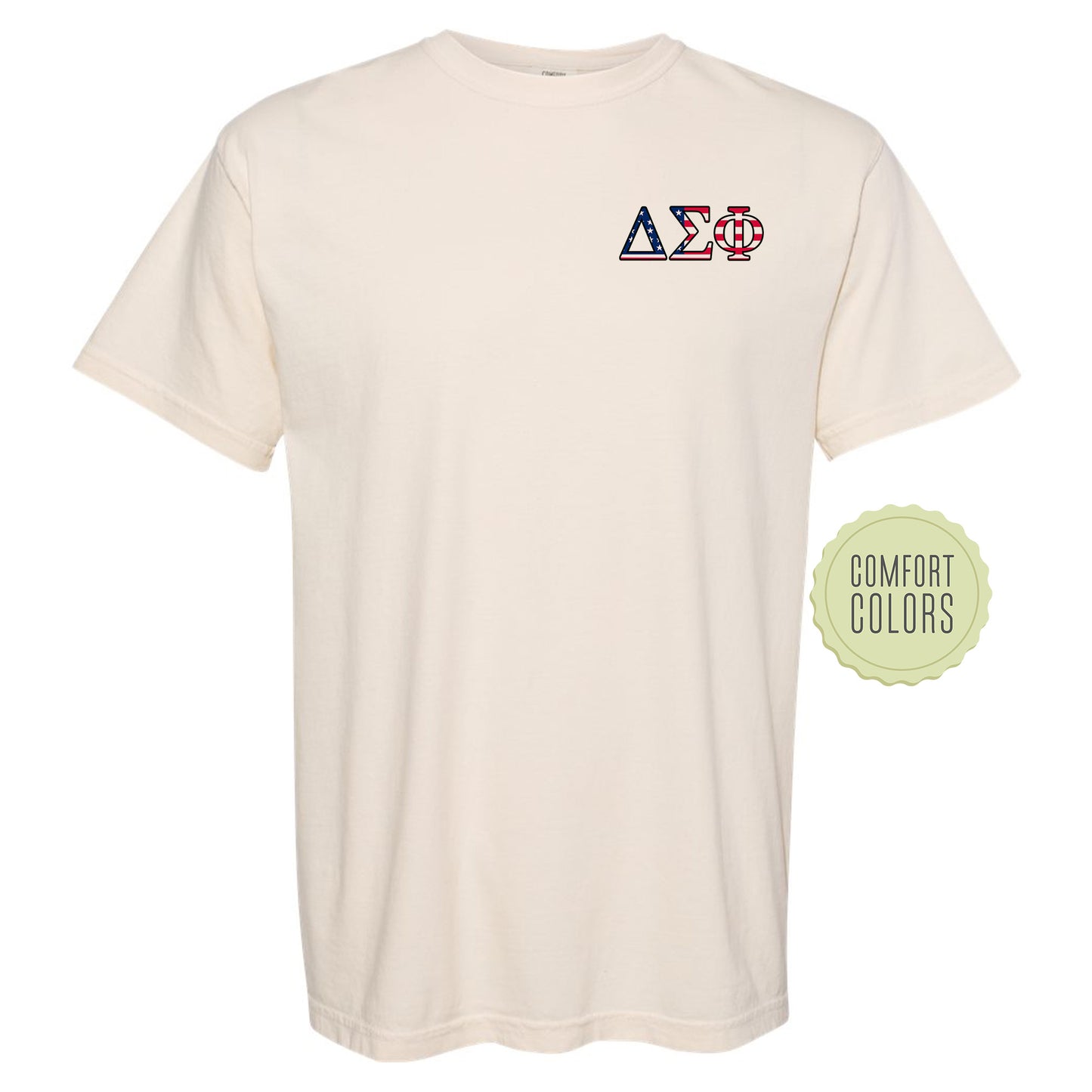 a white t - shirt with a red, white, and blue logo