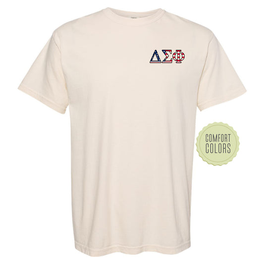 a white t - shirt with a red, white, and blue logo