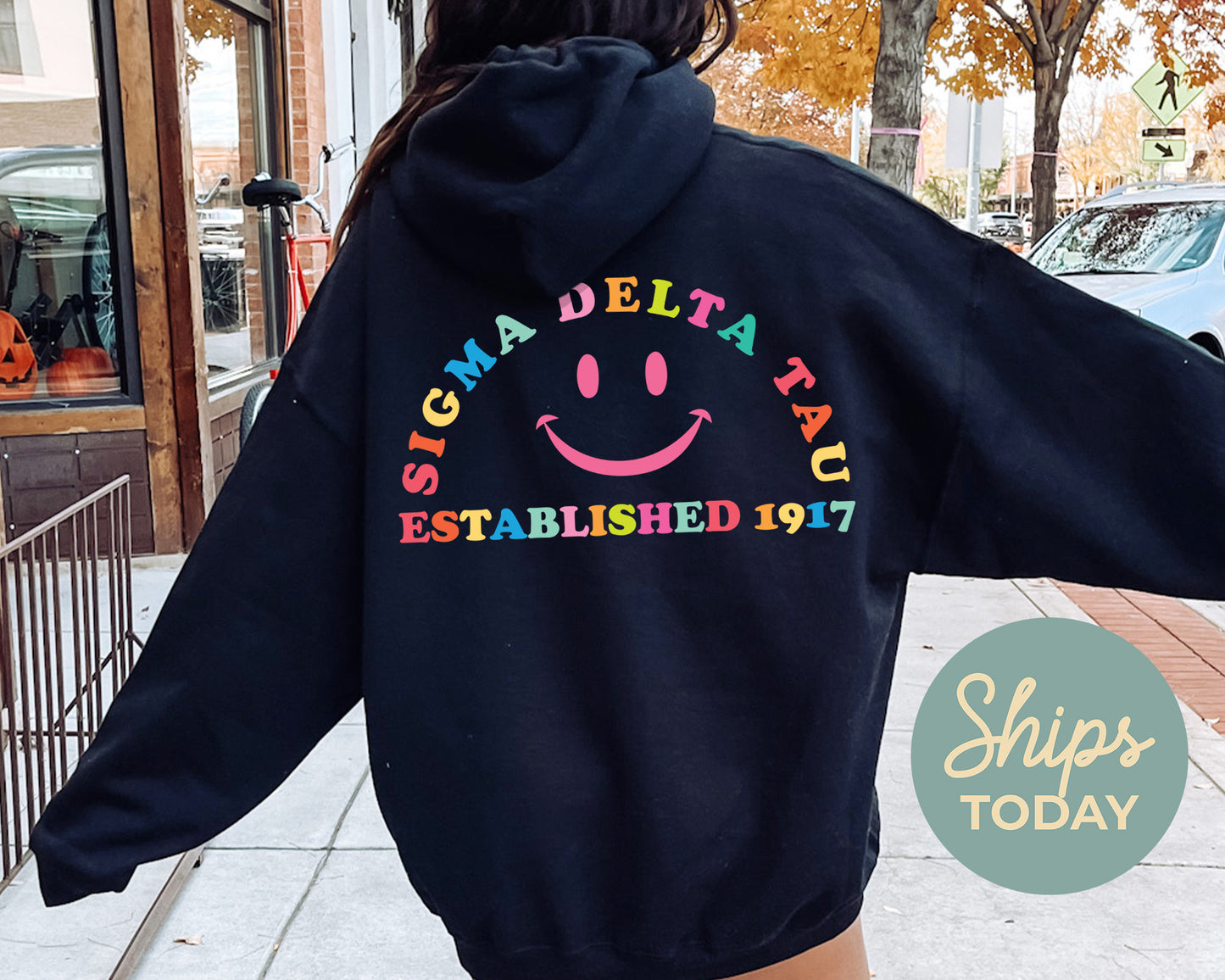 Sigma Delta Tau Gleaming Smiley Face Sorority Hoodie _ 33071g