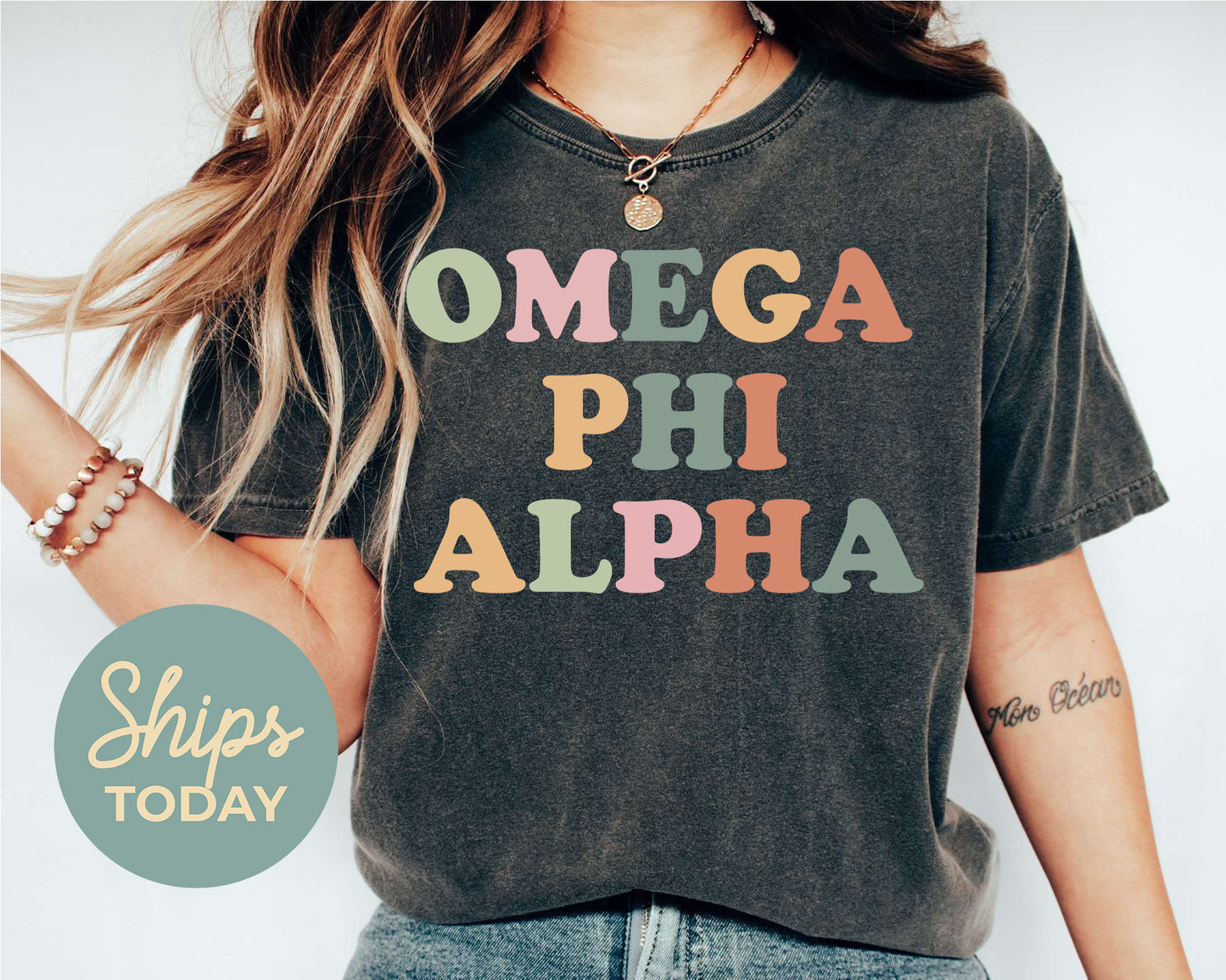 Omega Phi Alpha Bright and Colorful Sorority T-shirt _ 3476g