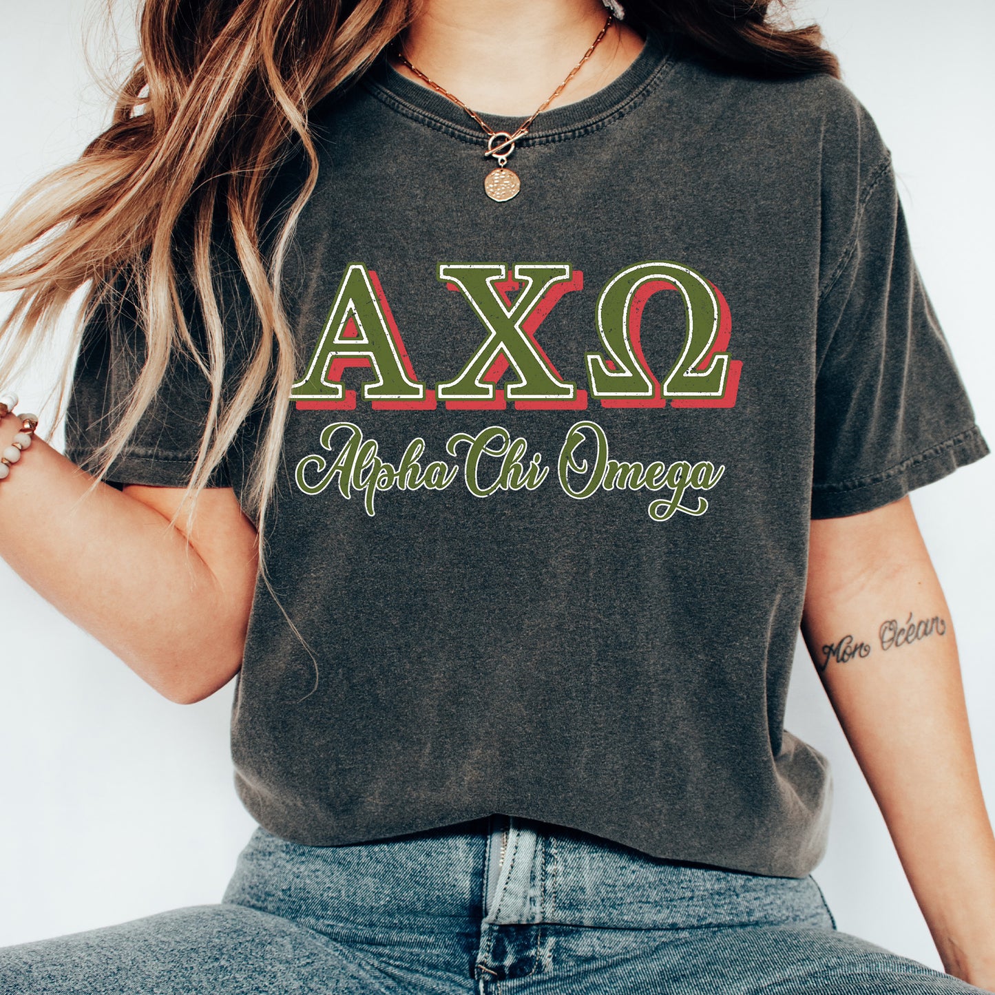 Alpha Chi Omega Greek Colors Sorority T-shirt _ 36069g